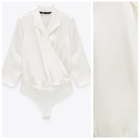 Zara White Satin Effect Bodysuit with Crossover V-neckline - Picture 3 of 5